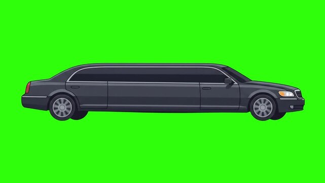 Vector illustration of a long black luxury stretch limousine car turned side view over a chroma key green background. Ideal for VIP transport service commercials, luxury car rental ads, celebrity red 