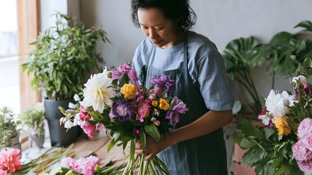 A person carefully arranges a colorful bouquet of flowers in a bright indoor space surrounded by greenery
