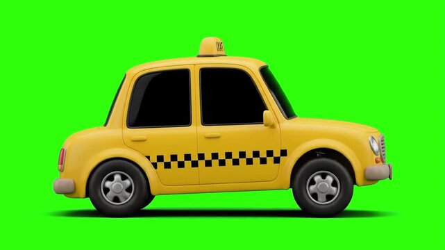3D model of a yellow city taxi cab with checkerboard pattern turned side view over a chroma key green background. Perfect for taxi service commercials, urban transportation promos, ride hailing app vi