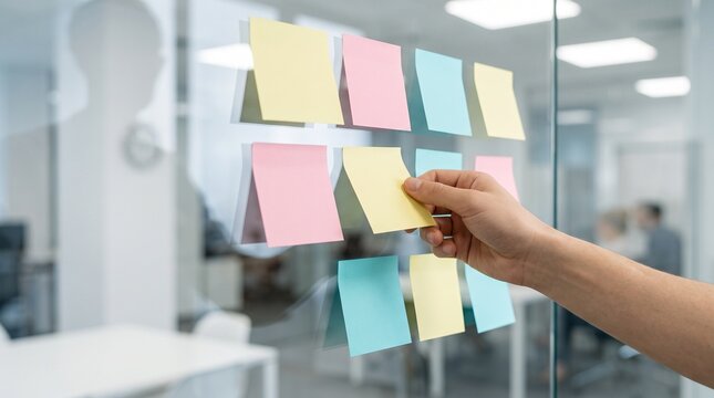Brainstorming sticky notes on glass wall in modern office for agile project management team workshop business strategy planning