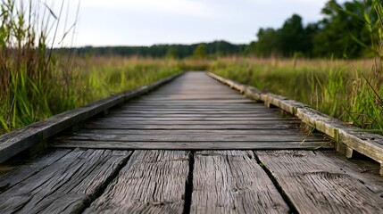 Fototapeta premium A weathered wooden boardwalk winds through tall grasses and reeds in a serene wetland landscape under soft natural light