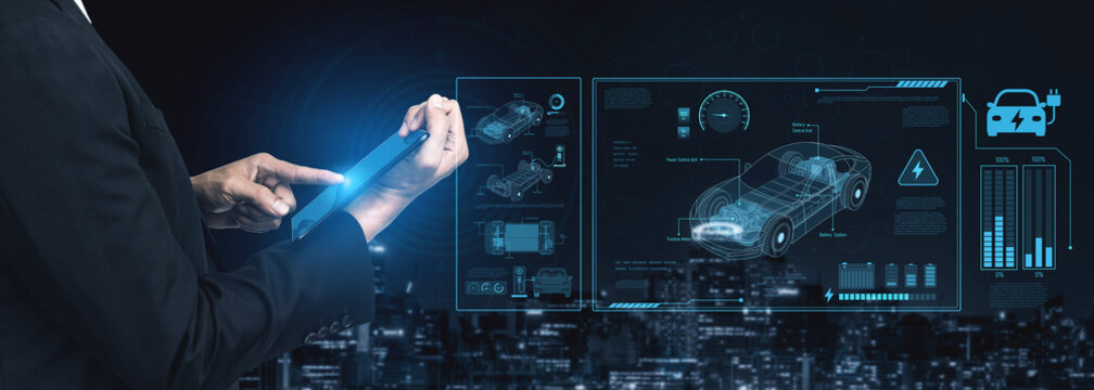Technical layout of electric vehicle showing battery system, power control, traction motor, charging interface, and integration with renewable and smart energy sources Vouch
