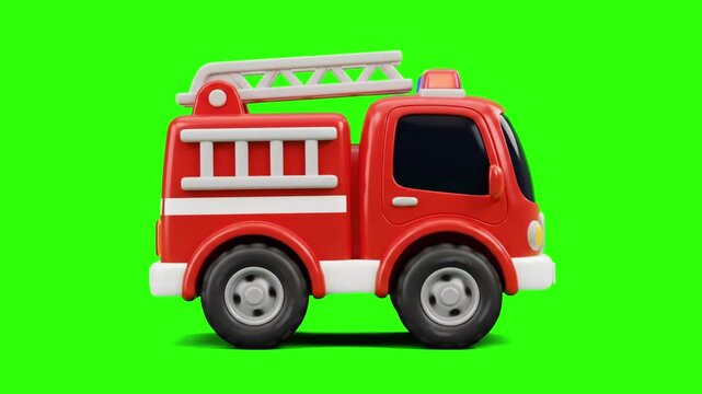 3D rendered red fire truck emergency rescue engine isolated on a chroma key green screen background. Suitable for emergency service promos, firefighting videos, safety education clips, toy truck anima
