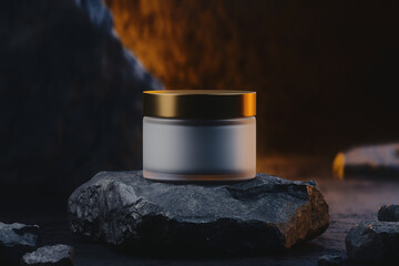 Dramatic 3D render of a luxury cosmetic cream jar with a gold lid on a sharp textured black stone...
