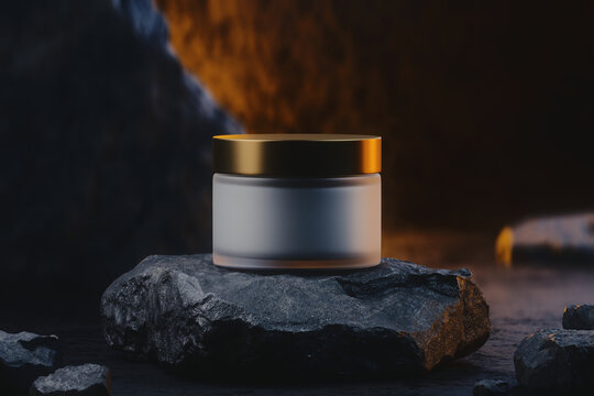 Dramatic 3D render of a luxury cosmetic cream jar with a gold lid on a sharp textured black stone podium, selective focus macro skincare product mockup in warm moody lighting, close-up with copy space