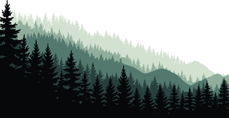 Fototapeta premium Evergreen pine tree forest silhouette slope illustration with layered green mountains and white space coniferous woods mountain slope nature landscape silhouette landscape coniferous evergreen