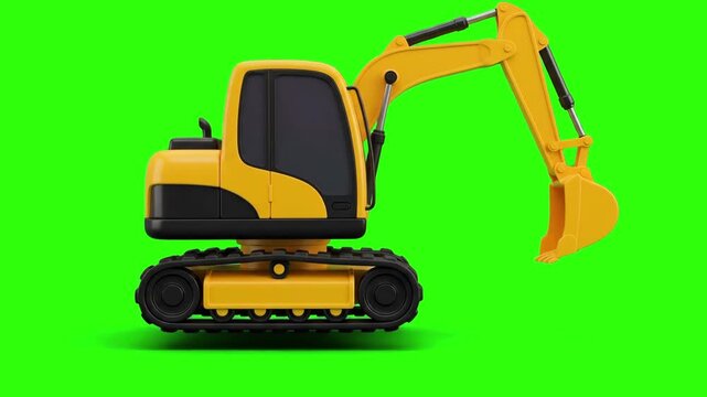 3D model of a yellow heavy crawler excavator digger turned side view over a chroma key green background. Excellent for construction site commercials, building machinery promos, earthmoving equipment c