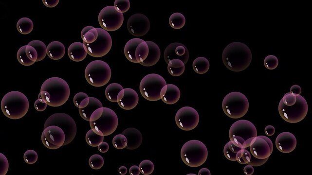 Soft pink transparent soap bubbles floating down, glossy water sphere bubble overlay animation, delicate air bubble rising stream graphic, dynamic motion element on black background. 4k video