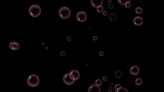 Glossy pink soap bubbles floating upward and down continuously, transparent water sphere bubble stream overlay, delicate air bubble rising motion graphic, dynamic background on black screen. 4k video