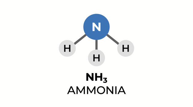 Color chemical structure diagram of Ammonia molecule (NH3) consisting of one nitrogen atom and three hydrogen atoms, isolated on a white background. Science and education concept.