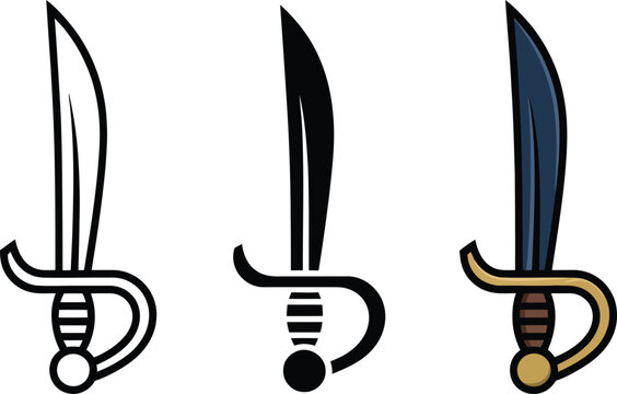 Pirate cutlass sword vector set, curved saber icons, 3 nautical blade designs Editable Vector