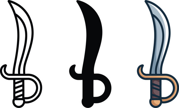 Pirate scimitar sword icons, curved saber blade vector set, 3 cutlass styles Editable Vector