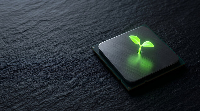 Green technology CPU processor with glowing sprout, sustainable computing hardware on dark stone, eco-friendly electronics concept