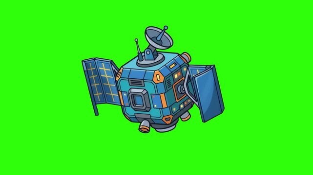 Cartoon vector illustration of a space satellite with solar panels and parabolic radar dish over a chroma key green background. Great for telecommunications commercials, space technology promos, globa
