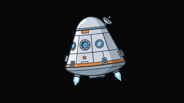 Flat 2D vector animated space landing capsule reentry module with thrusters isolated on a solid black background. Great for space mission videos, sci-fi animations, science documentary clips, orbital 