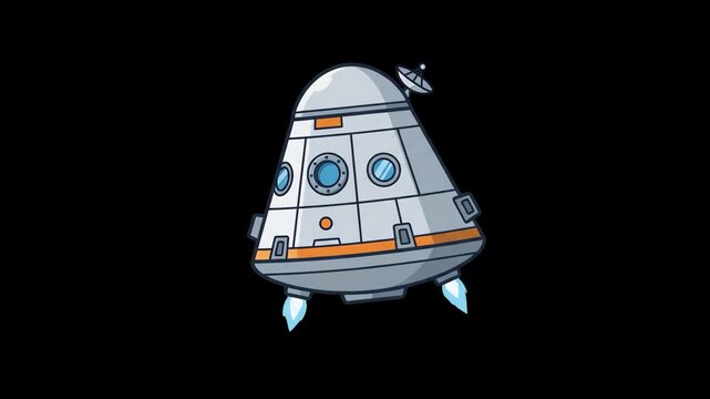 Flat 2D vector animated space landing capsule reentry module with thrusters isolated on a solid black background. Great for space mission videos, sci-fi animations, science documentary clips, orbital 