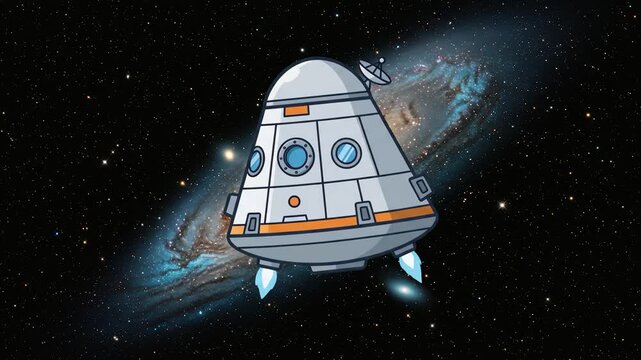Cartoon vector illustration of a space capsule spaceship landing pod flying through deep outer space with stars and galaxy background. Ideal for astronomy documentaries, sci-fi animations, space explo