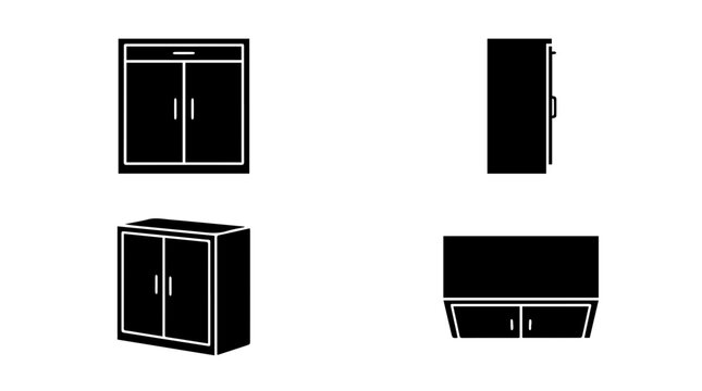 Cabinet furniture icon set showing front side and perspective views
