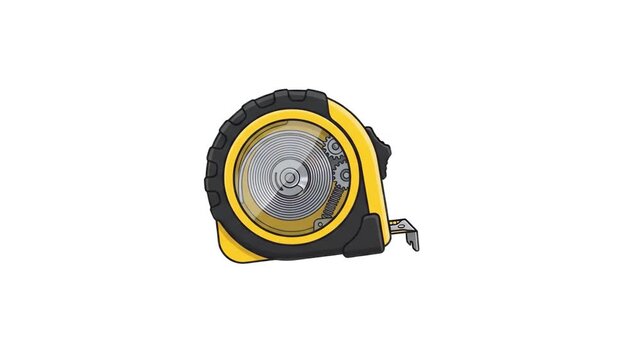 Flat 2D vector animated yellow construction tape measure tool isolated on a solid white background. Perfect for home renovation promos, carpentry work guides, architectural measurement clips, DIY tuto