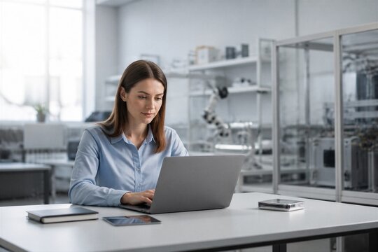 Focused woman works at modern lab desk. Her gaze is fixed on laptop screen, showing deep concentration. Glass walls frame lab equipment behind her. Clean white surfaces reflect soft, natural lighting
