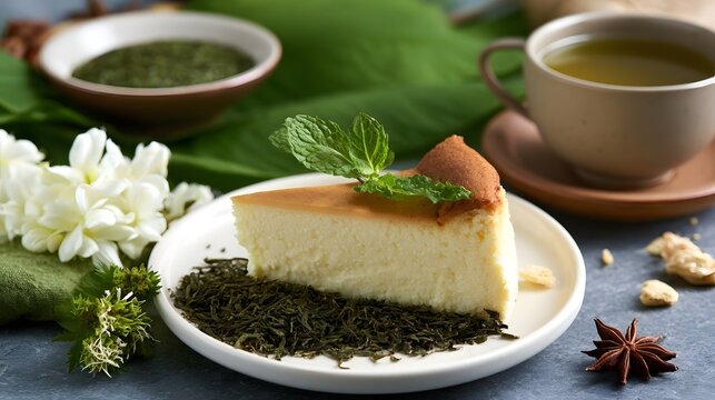 A slice of creamy cheesecake garnished with mint leaves  served with loose green tea leaves on a white plate