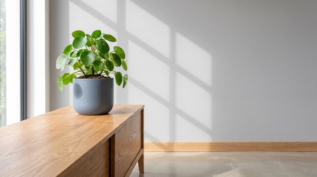 Pilea peperomioides houseplant in gray pot on wooden sideboard in minimalist living room with window shadow on blank wall and copy space