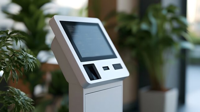 Modern self service kiosk with touchscreen display and card reader  positioned indoors near potted plants in soft natural light
