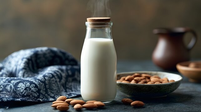 Almond milk in glass bottle with cork stopper  surrounded by whole almonds in ceramic bowl and patterned cloth on dark surface