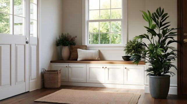 A bright entryway with a wooden bench  potted plants  and natural light from and a door