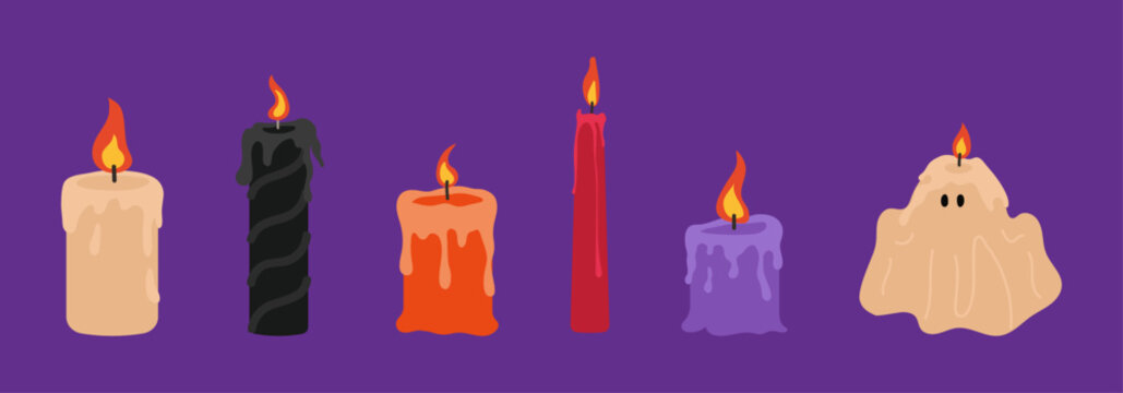 Set of Halloween candles in different shapes with melting wax. Cute taper candle, chunky pillar candles, short candles and a spooky ghost-shaped candle. Vector illustration.