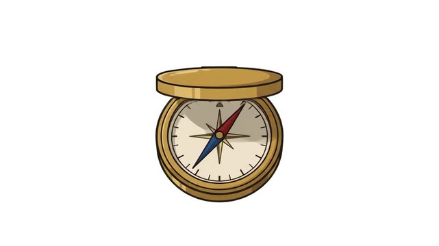 Flat 2D vector animated vintage brass pocket compass with magnetic needle isolated on a white background. Suitable for business strategy direction promos, travel guide commercials, route finding expla