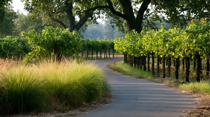 Fototapeta premium A winding path curves through rows of lush green grapevines under the shade of large trees in a serene vineyard landscape