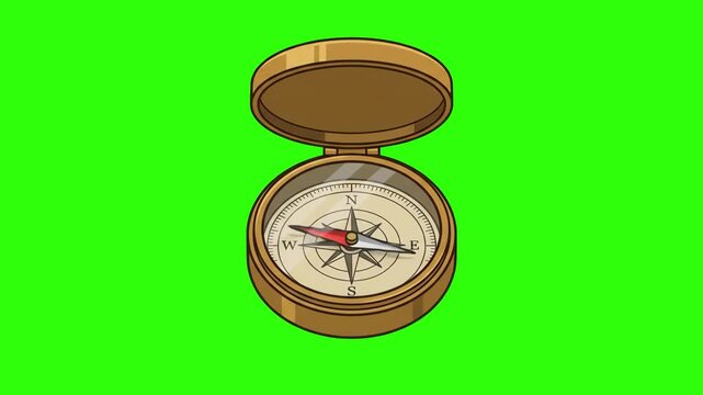 Vector cartoon illustration of an open vintage brass pocket compass navigation tool over a chroma key green background. Perfect for travel agency commercials, outdoor adventure promos, exploration vid
