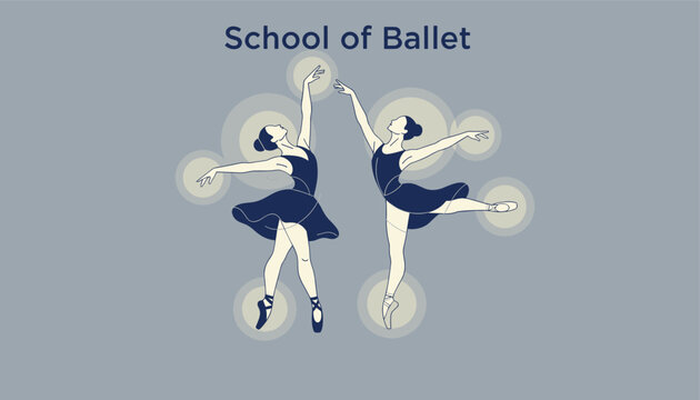 Poster for ballet school showing two graceful female dancers in dark tutus performing classical dance moves on point.