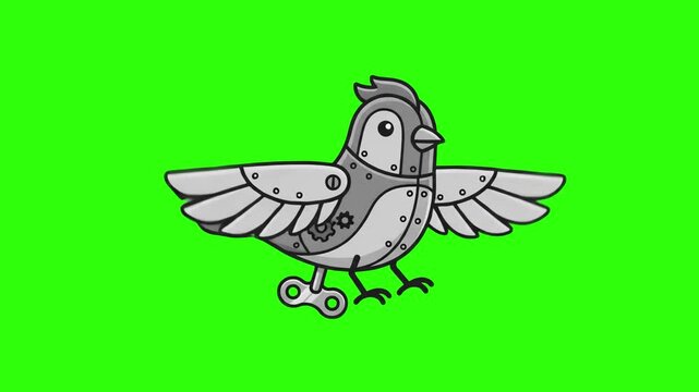 Flat 2D vector animated metallic wind-up robot bird toy isolated on a chroma key green screen background. Great for mechanical toy showcases, vintage robotics promos, steampunk animations, child play 