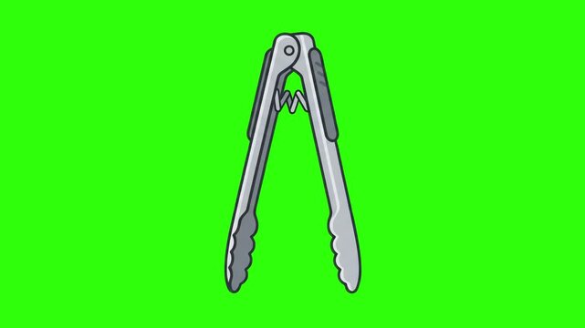 Vector cartoon illustration of metallic stainless steel kitchen cooking tongs over a chroma key green background. Perfect for culinary cooking tutorials, barbecue equipment commercials, kitchenware pr