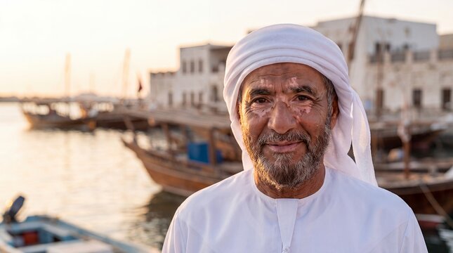 Portrait of a smiling elderly Emirati man with vitiligo in traditional clothing, standing near a harbor with wooden dhow boats during warm golden hour sunset.
