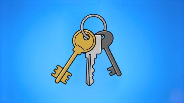 Flat 2D vector animated set of house keys on a keyring isolated on a chroma key blue screen background. Great for real estate explainer videos, home security app promos, lock and key clips, property b
