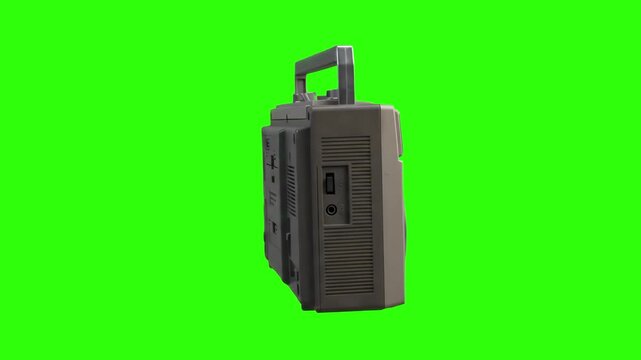 3D rendered retro portable cassette tape recorder boombox back view with handle isolated on a chroma key green screen background. Ideal for retro music videos, vintage audio gear showcases, 80s nostal