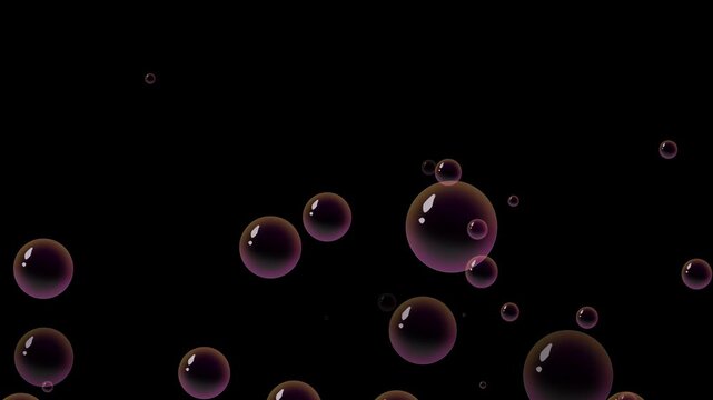 Transparent glossy pink soap bubbles floating upward, smooth water sphere bubble rising loop, delicate air bubble stream overlay animation, dynamic motion graphic on black background. 4k video