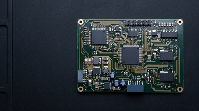 Circuit board with microchip hardware and electronic components on dark background with copy space for technology and computer engineering concepts