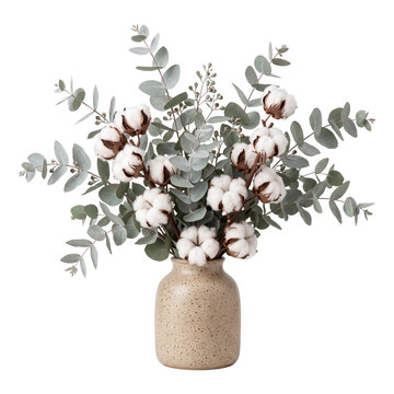 Ceramic vase with cotton plant stems and eucalyptus leaves on transparent background