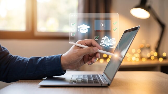 Person using a stylus pen on a laptop screen with digital icons for online education and elearning concepts
