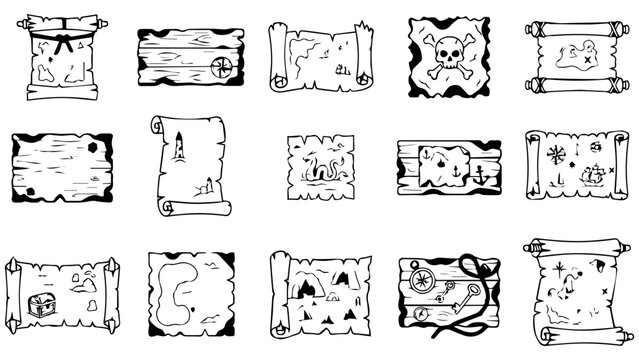 Set of hand drawn old vintage map scrolls and parchment paper icons in black ink style
