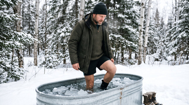 Man stepping into an ice bath in a snowy winter forest