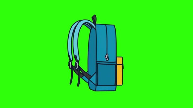 Flat 2D vector animated blue backpack school bag isolated on a chroma key green screen background. Perfect for back to school promos, travel adventure guides, student equipment videos, hiking gear cli