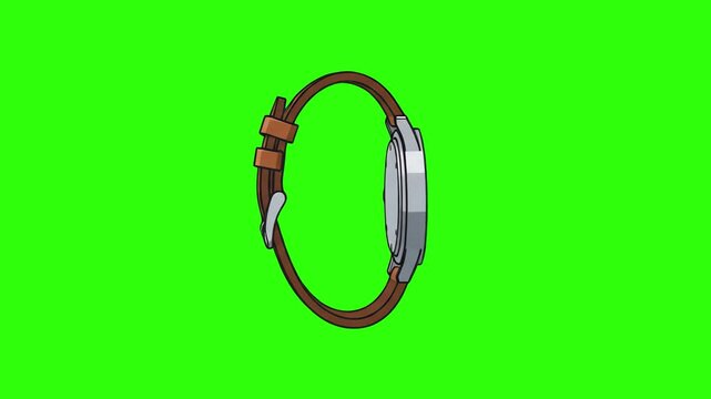 Flat 2D vector animated wristwatch with brown leather strap isolated on a chroma key green screen background. Great for time management promos, luxury watch advertising, schedule organization guides, 