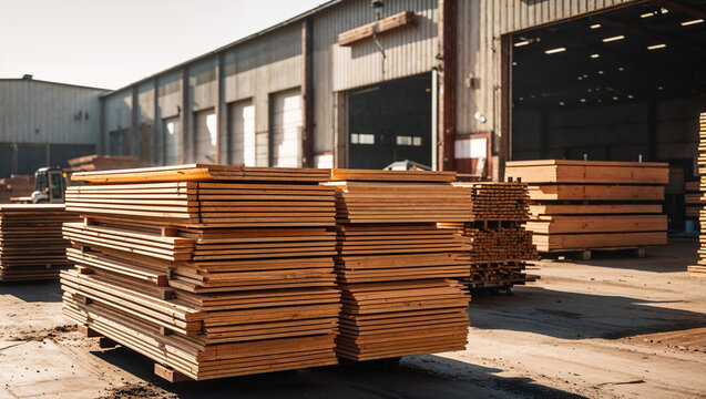 Stacks of lumber and wood planks at a timber yard with industrial building in background