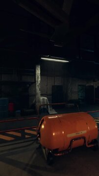 shadowed storage room with vending silhouette and stacked crates, faint corridor light leaking through doorway, power outage or afterhours scene for security