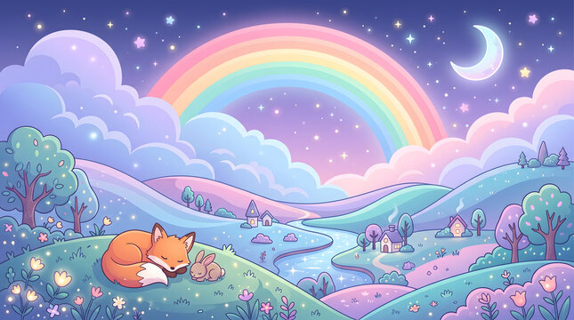 Whimsical night landscape illustration with a sleeping fox and rabbit under a pastel rainbow, crescent moon, and sparkling stars. Dreamy fantasy village scene with glowing flowers and rolling hills, p